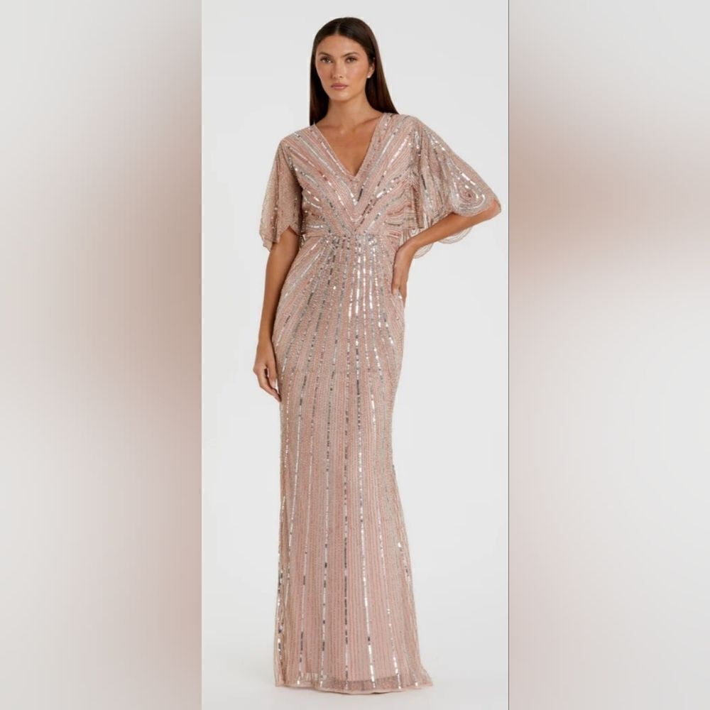 Mac Duggal 93583 Sequined V Neck Cape Sleeve Column Gown Nwt Size 14 Rose Pink